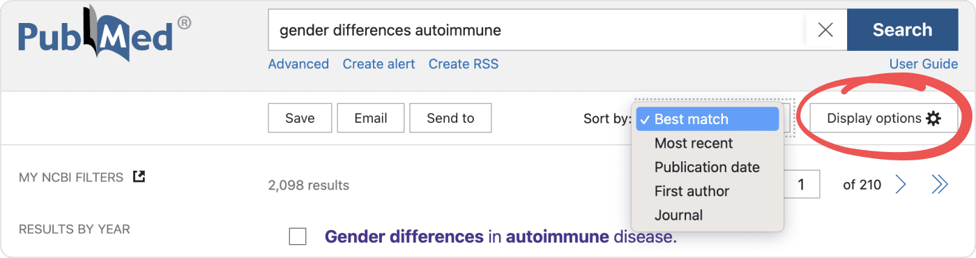 PubMed search results sorted